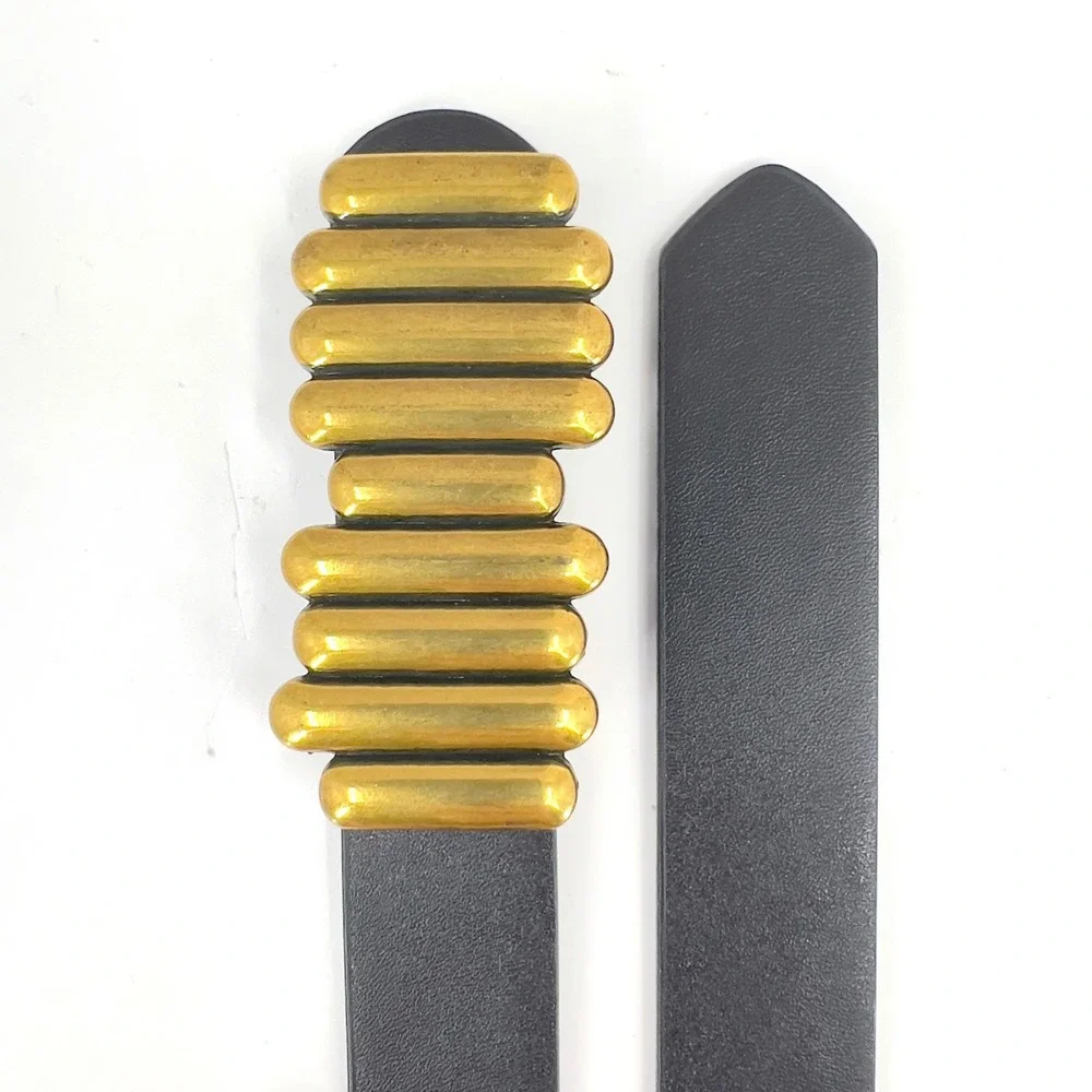 Womens Belt XS S M Black Gold Bar Buckle Statement 80s Brutalist Avant Garde